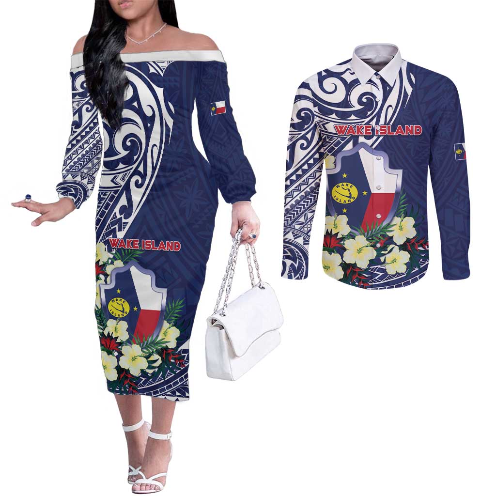 Personalised Wake Island Couples Matching Off The Shoulder Long Sleeve Dress and Long Sleeve Button Shirt Tribal Pattern With Hibiscus Flowers