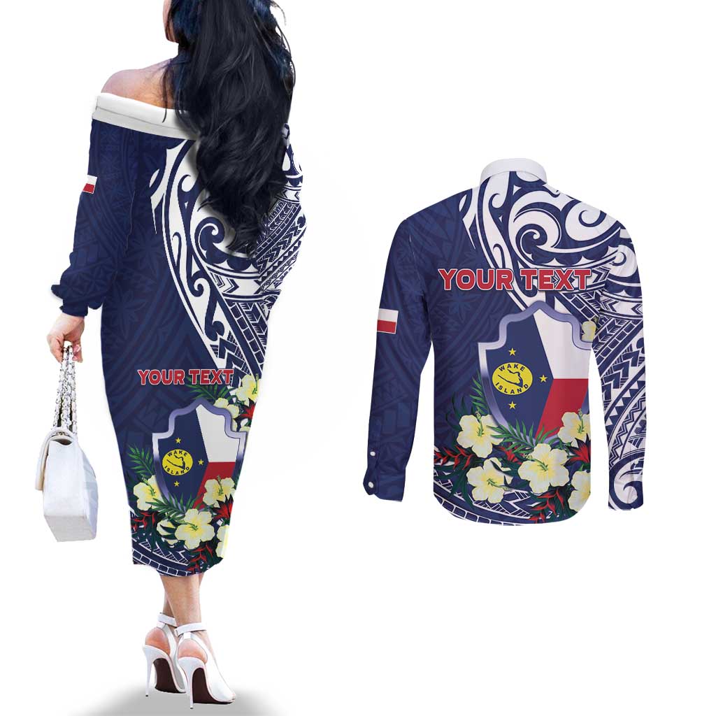 Personalised Wake Island Couples Matching Off The Shoulder Long Sleeve Dress and Long Sleeve Button Shirt Tribal Pattern With Hibiscus Flowers