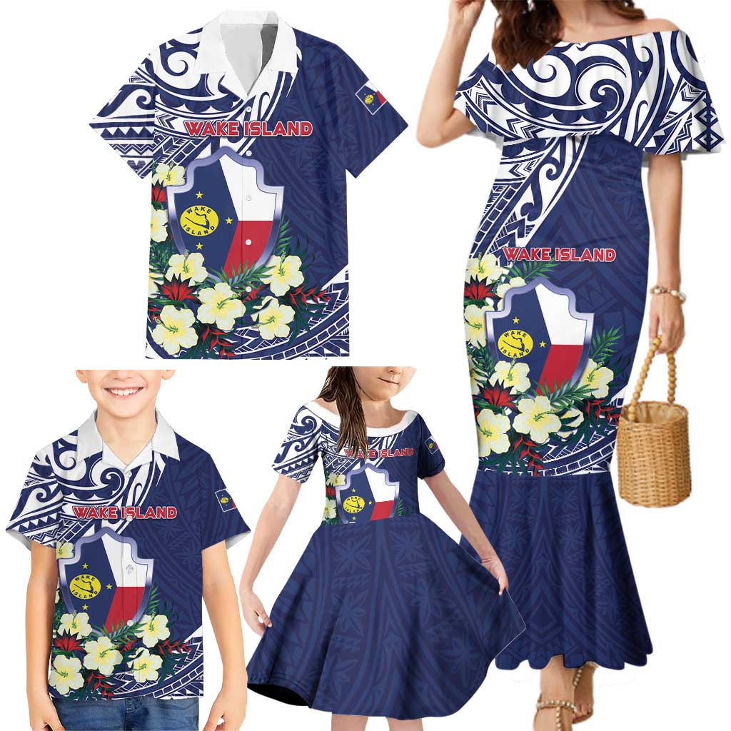 Personalised Wake Island Family Matching Mermaid Dress and Hawaiian Shirt Tribal Pattern With Hibiscus Flowers LT05 - Polynesian Pride