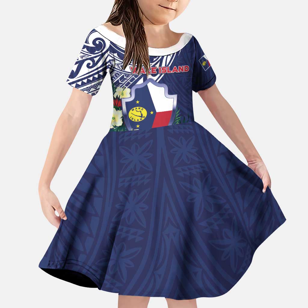 Personalised Wake Island Family Matching Off The Shoulder Long Sleeve Dress and Hawaiian Shirt Tribal Pattern With Hibiscus Flowers LT05 Daughter's Dress Blue - Polynesian Pride