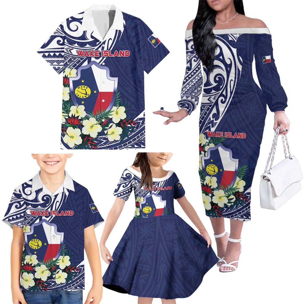 Personalised Wake Island Family Matching Off The Shoulder Long Sleeve Dress and Hawaiian Shirt Tribal Pattern With Hibiscus Flowers