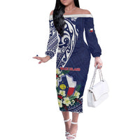 Personalised Wake Island Family Matching Off The Shoulder Long Sleeve Dress and Hawaiian Shirt Tribal Pattern With Hibiscus Flowers LT05 Mom's Dress Blue - Polynesian Pride