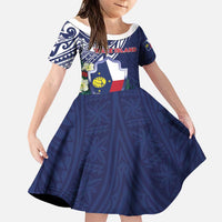 Personalised Wake Island Family Matching Off Shoulder Maxi Dress and Hawaiian Shirt Tribal Pattern With Hibiscus Flowers LT05 Daughter's Dress Blue - Polynesian Pride