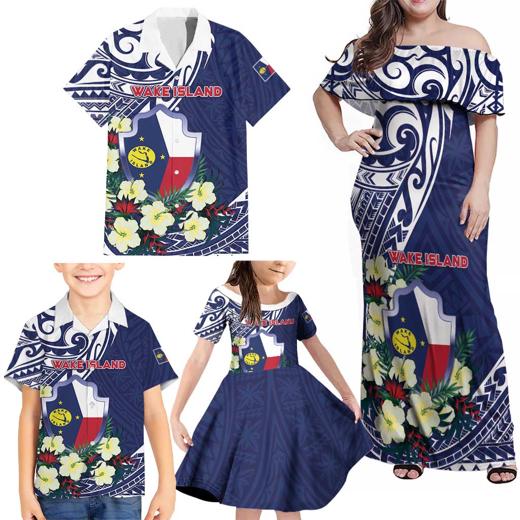 Personalised Wake Island Family Matching Off Shoulder Maxi Dress and Hawaiian Shirt Tribal Pattern With Hibiscus Flowers