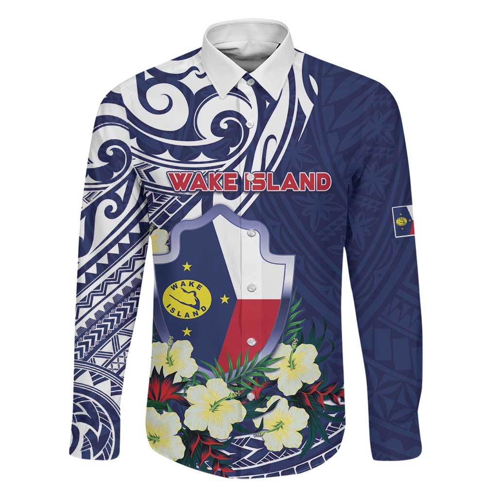 Personalised Wake Island Family Matching Off Shoulder Maxi Dress and Hawaiian Shirt Tribal Pattern With Hibiscus Flowers LT05 Dad's Shirt - Long Sleeve Blue - Polynesian Pride