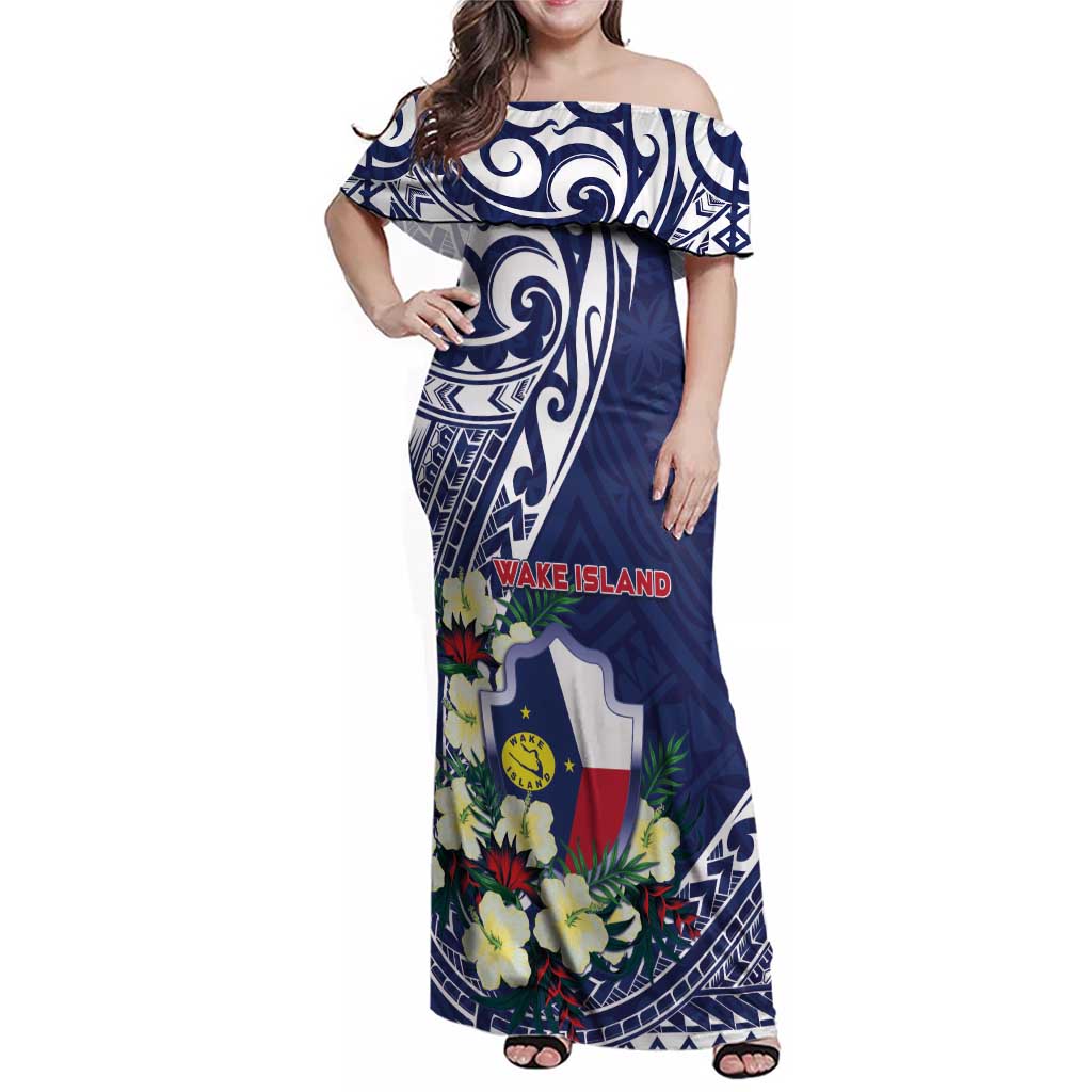 Personalised Wake Island Family Matching Off Shoulder Maxi Dress and Hawaiian Shirt Tribal Pattern With Hibiscus Flowers LT05 Mom's Dress Blue - Polynesian Pride