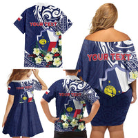 Personalised Wake Island Family Matching Off Shoulder Short Dress and Hawaiian Shirt Tribal Pattern With Hibiscus Flowers LT05 - Polynesian Pride