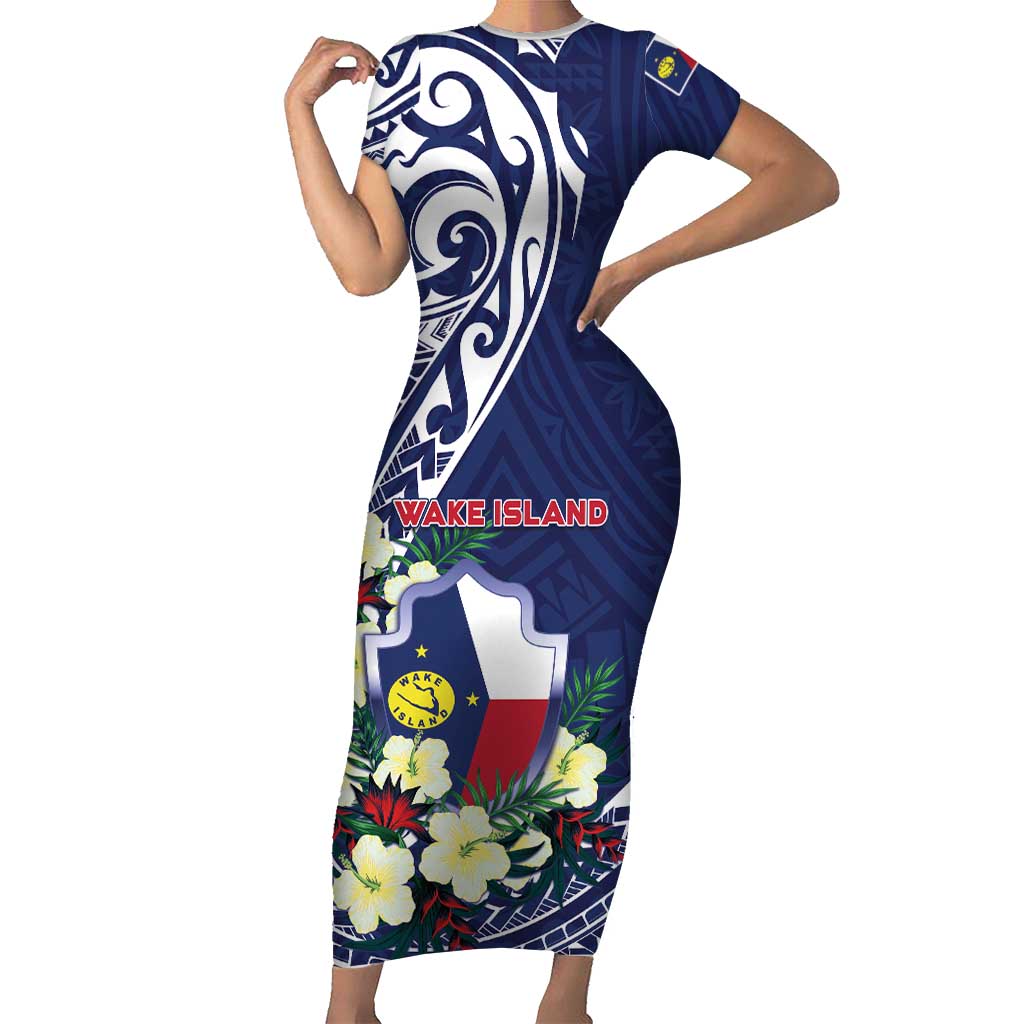 Personalised Wake Island Family Matching Short Sleeve Bodycon Dress and Hawaiian Shirt Tribal Pattern With Hibiscus Flowers LT05 Mom's Dress Blue - Polynesian Pride