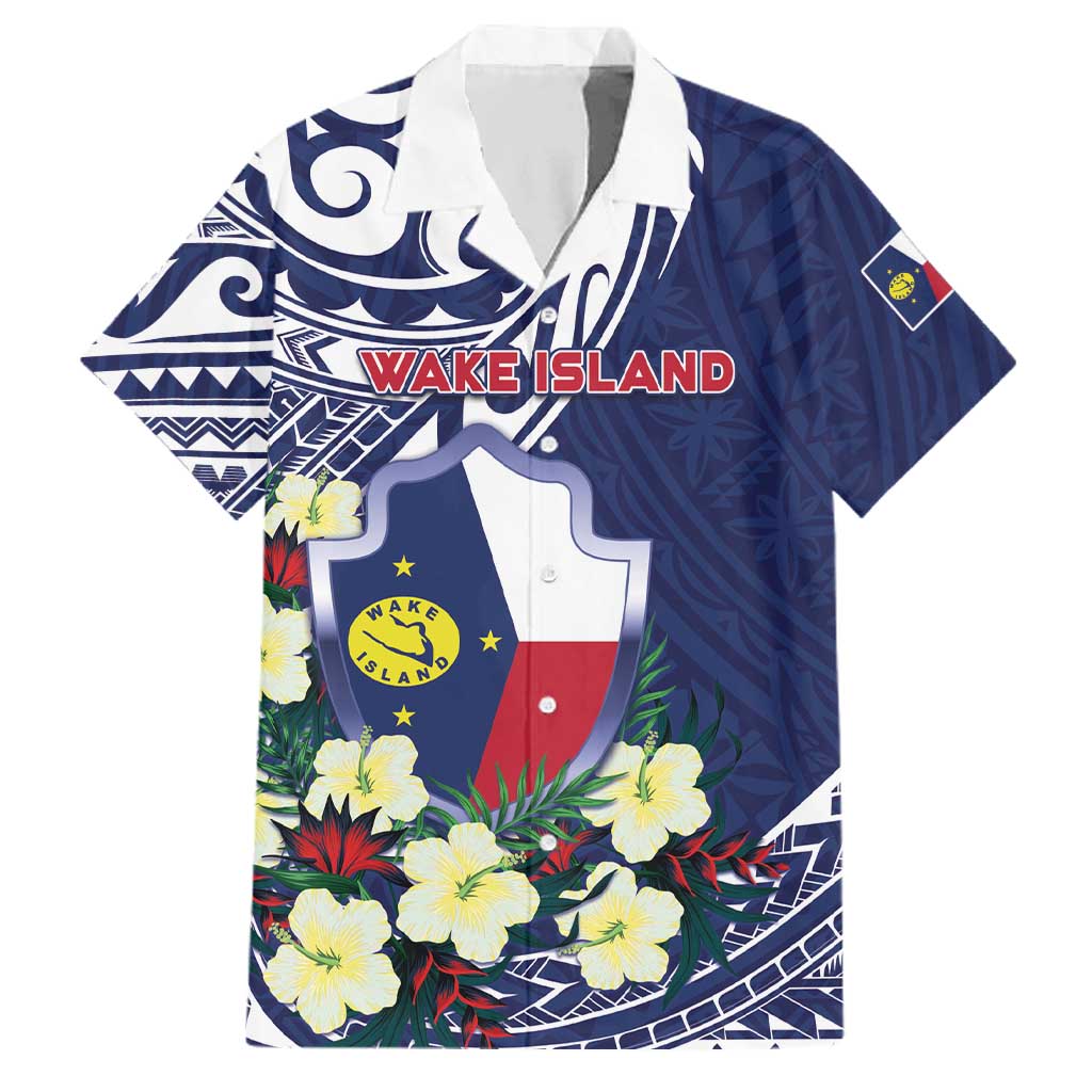 Personalised Wake Island Family Matching Summer Maxi Dress and Hawaiian Shirt Tribal Pattern With Hibiscus Flowers LT05 Dad's Shirt - Short Sleeve Blue - Polynesian Pride