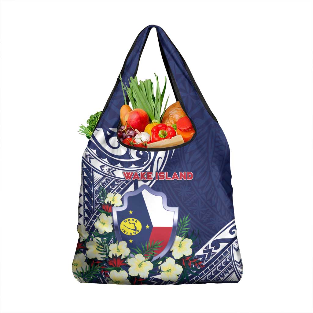 Wake Island Grocery Bag Tribal Pattern With Hibiscus Flowers