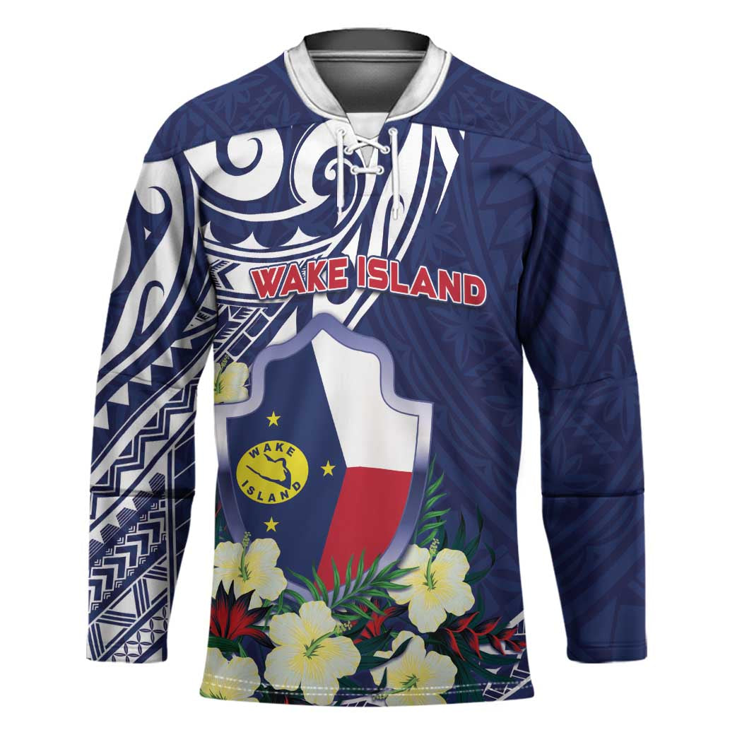Personalised Wake Island Hockey Jersey Tribal Pattern With Hibiscus Flowers
