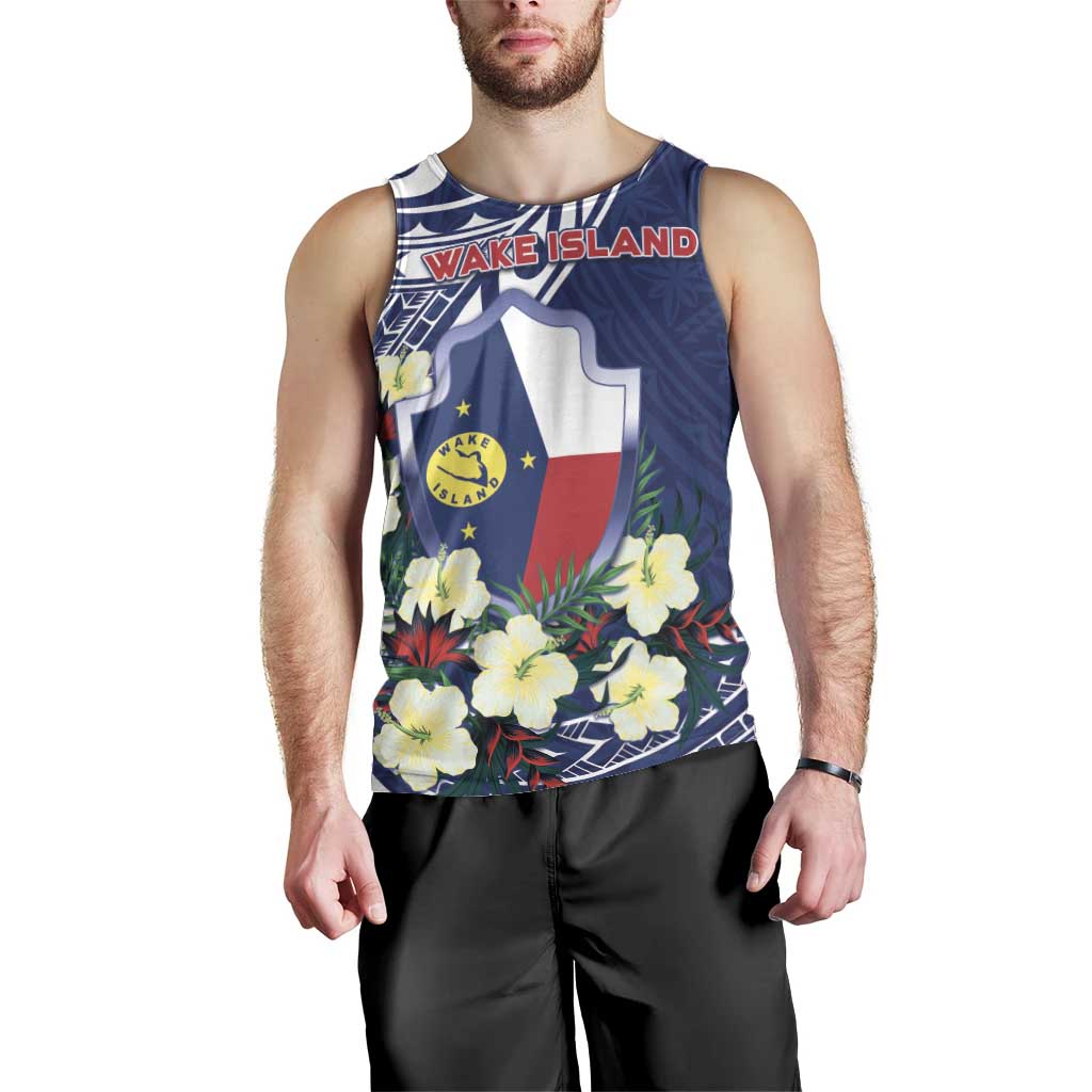 Personalised Wake Island Men Tank Top Tribal Pattern With Hibiscus Flowers