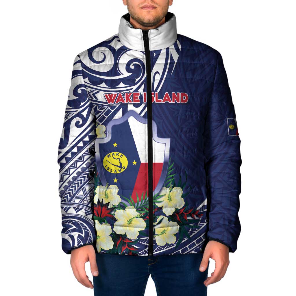 Personalised Wake Island Padded Jacket Tribal Pattern With Hibiscus Flowers