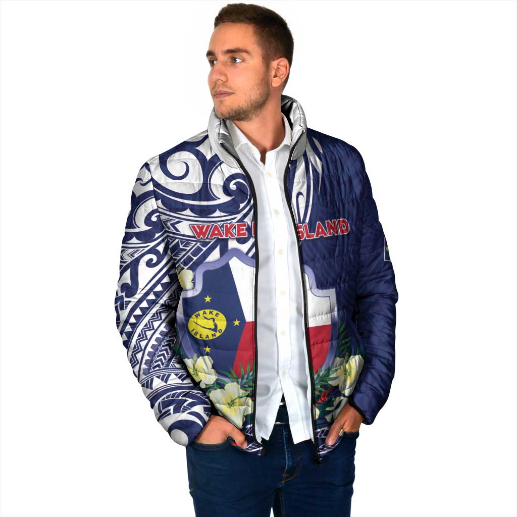 Personalised Wake Island Padded Jacket Tribal Pattern With Hibiscus Flowers