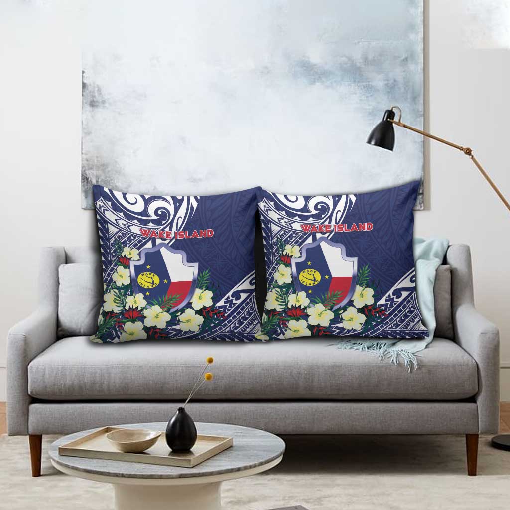 Wake Island Pillow Cover Tribal Pattern With Hibiscus Flowers