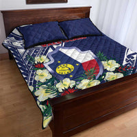 Wake Island Quilt Bed Set Tribal Pattern With Hibiscus Flowers