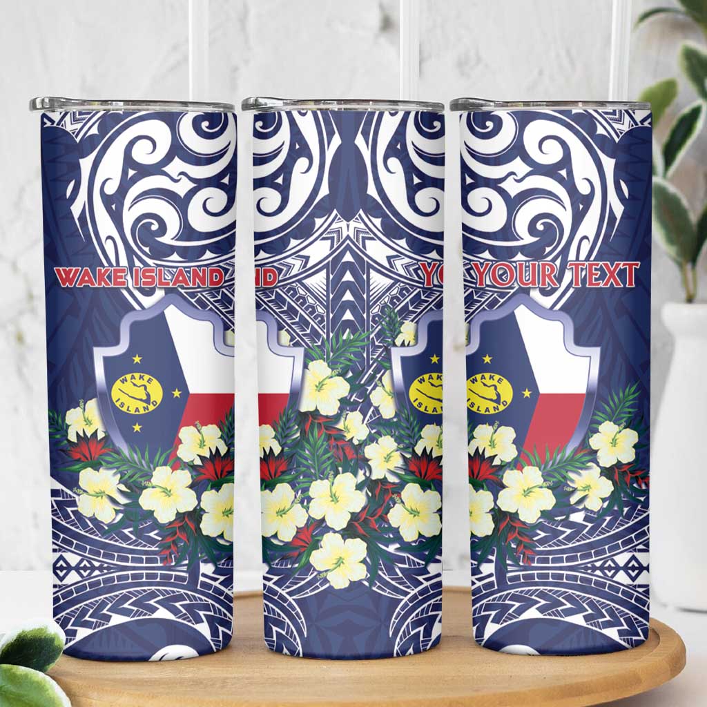 Personalised Wake Island Skinny Tumbler Tribal Pattern With Hibiscus Flowers