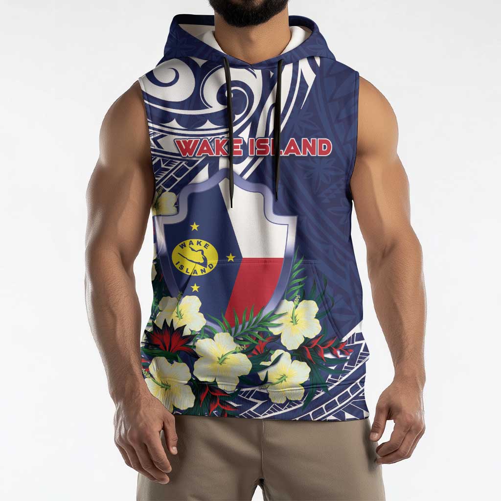 Personalised Wake Island Sleeveless Hoodie Tribal Pattern With Hibiscus Flowers