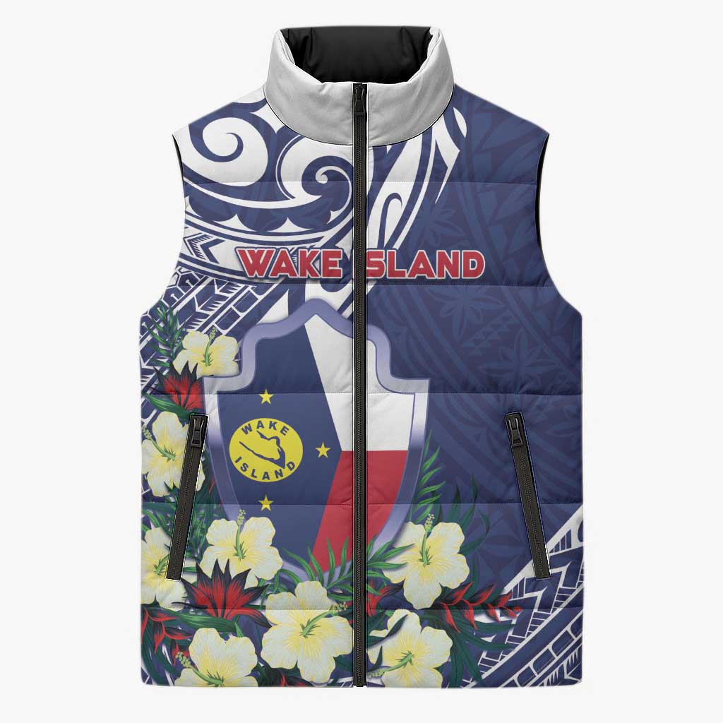 Personalised Wake Island Sleeveless Puffer Jacket Tribal Pattern With Hibiscus Flowers