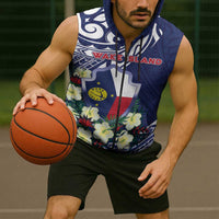 Personalised Wake Island Sleeveless Zip Hoodie Tribal Pattern With Hibiscus Flowers