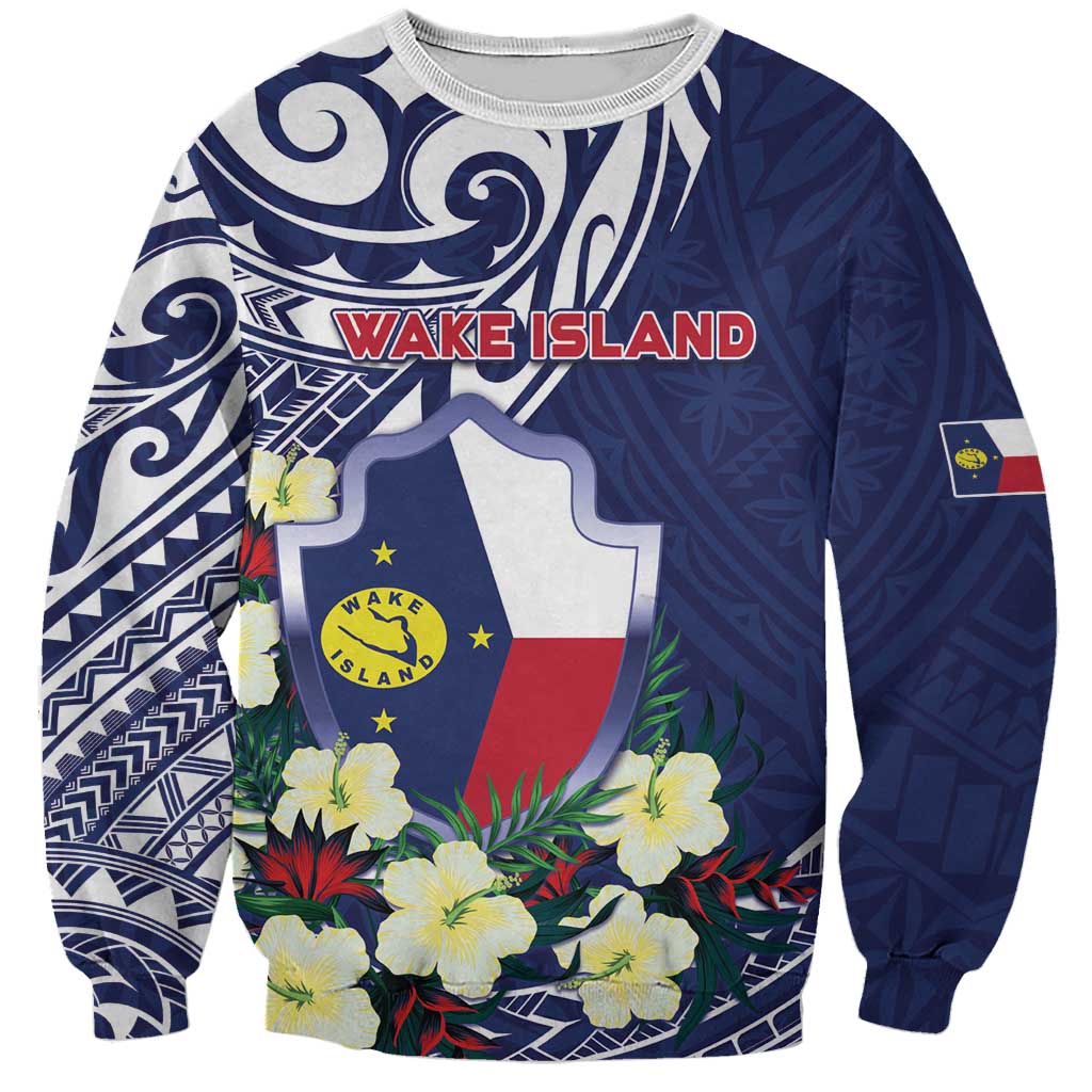 Personalised Wake Island Sweatshirt Tribal Pattern With Hibiscus Flowers