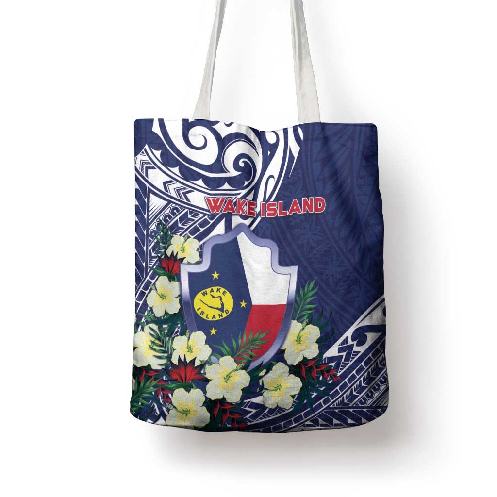 Wake Island Tote Bag Tribal Pattern With Hibiscus Flowers