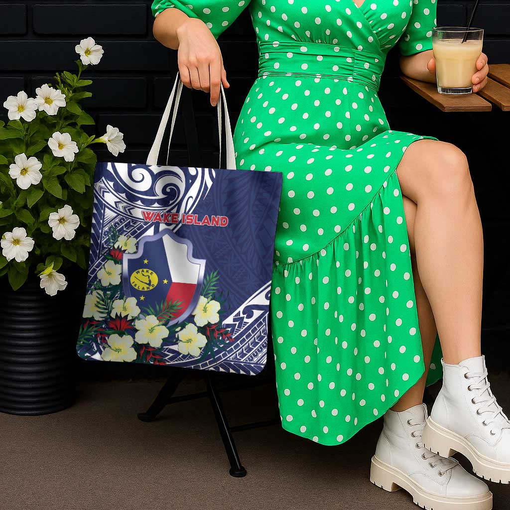 Wake Island Tote Bag Tribal Pattern With Hibiscus Flowers