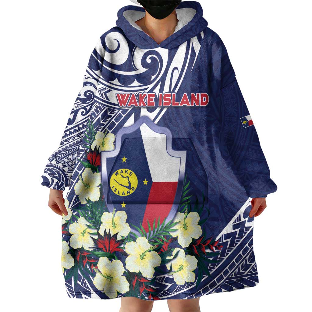 Personalised Wake Island Wearable Blanket Hoodie Tribal Pattern With Hibiscus Flowers