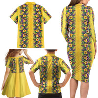 Aloha Hawaii Mardi Gras Family Matching Long Sleeve Bodycon Dress and Hawaiian Shirt Gold Style LT05 - Polynesian Pride