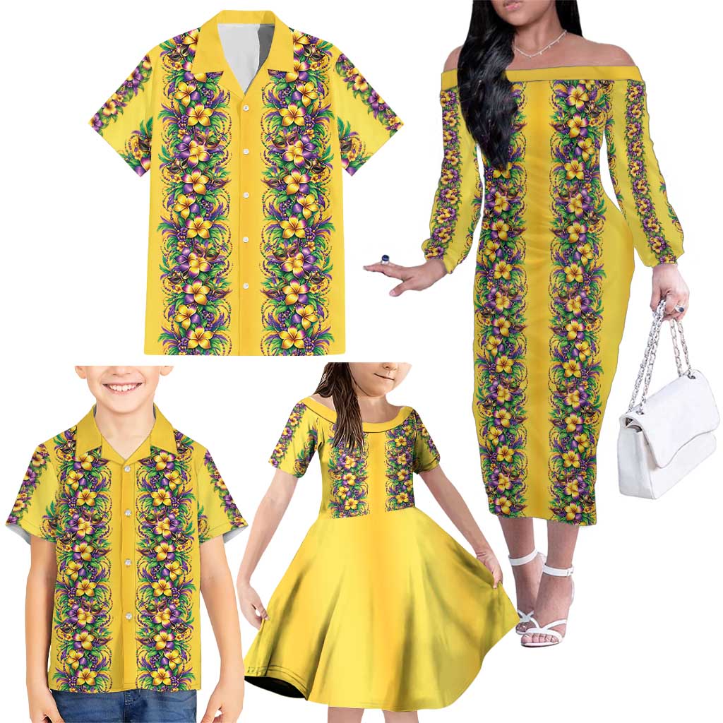 Aloha Hawaii Mardi Gras Family Matching Off The Shoulder Long Sleeve Dress and Hawaiian Shirt Gold Style LT05 - Polynesian Pride