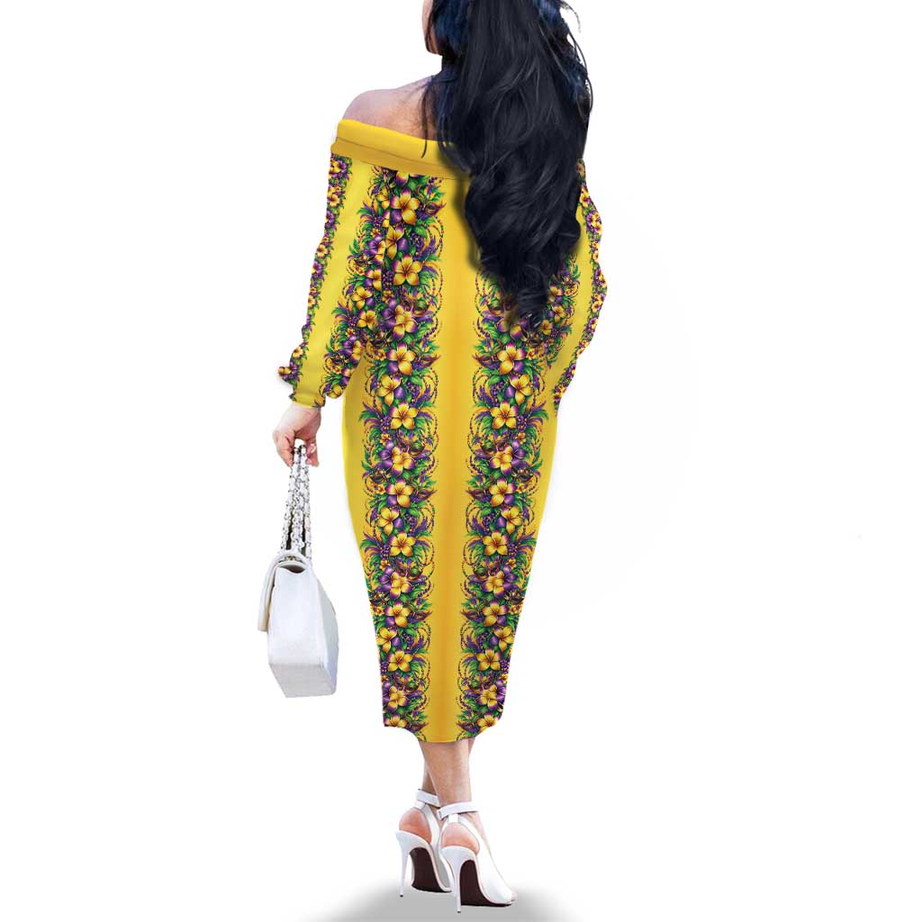 Aloha Hawaii Mardi Gras Family Matching Off The Shoulder Long Sleeve Dress and Hawaiian Shirt Gold Style LT05 - Polynesian Pride