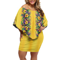 Aloha Hawaii Mardi Gras Family Matching Off Shoulder Short Dress and Hawaiian Shirt Gold Style LT05 Mom's Dress Gold - Polynesian Pride