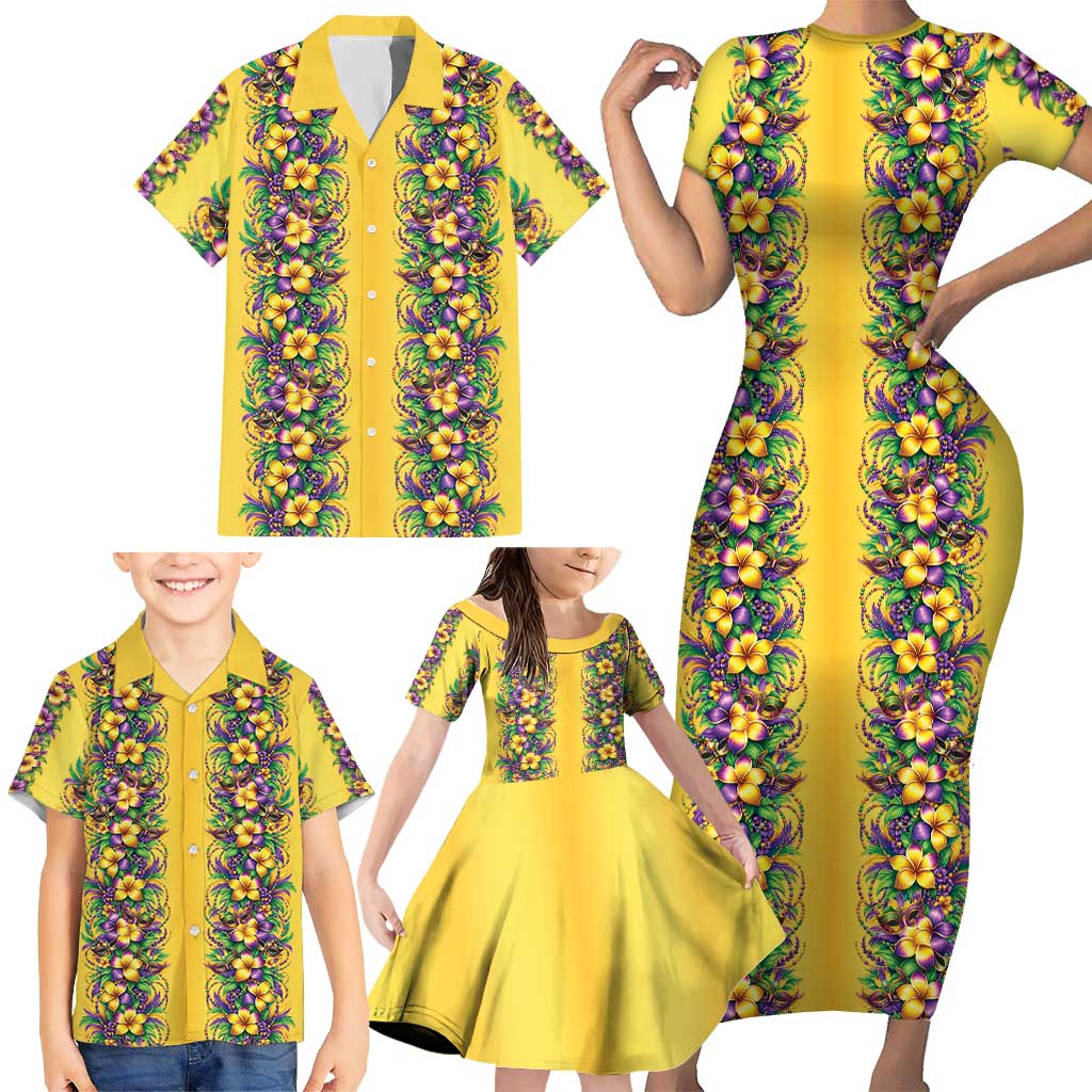 Aloha Hawaii Mardi Gras Family Matching Short Sleeve Bodycon Dress and Hawaiian Shirt Gold Style LT05 - Polynesian Pride