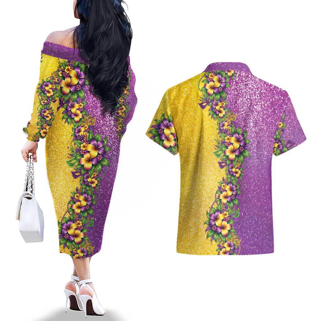 Hawaii Mardi Gras Couples Matching Off The Shoulder Long Sleeve Dress and Hawaiian Shirt Plumeria Lei Beads Glitter Style LT05 - Polynesian Pride