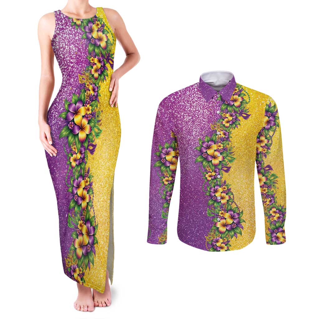 Hawaii Mardi Gras Couples Matching Tank Maxi Dress and Long Sleeve Button Shirt Plumeria Lei Beads Glitter Style LT05 Colorful - Polynesian Pride