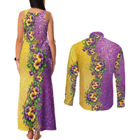 Hawaii Mardi Gras Couples Matching Tank Maxi Dress and Long Sleeve Button Shirt Plumeria Lei Beads Glitter Style LT05 - Polynesian Pride