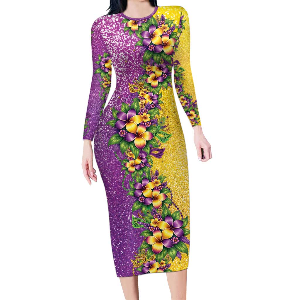 Hawaii Mardi Gras Family Matching Long Sleeve Bodycon Dress and Hawaiian Shirt Plumeria Lei Beads Glitter Style LT05 Mom's Dress Colorful - Polynesian Pride