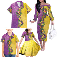Hawaii Mardi Gras Family Matching Off The Shoulder Long Sleeve Dress and Hawaiian Shirt Plumeria Lei Beads Glitter Style LT05 - Polynesian Pride