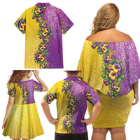 Hawaii Mardi Gras Family Matching Off Shoulder Short Dress and Hawaiian Shirt Plumeria Lei Beads Glitter Style LT05 - Polynesian Pride