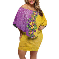 Hawaii Mardi Gras Family Matching Off Shoulder Short Dress and Hawaiian Shirt Plumeria Lei Beads Glitter Style LT05 Mom's Dress Colorful - Polynesian Pride