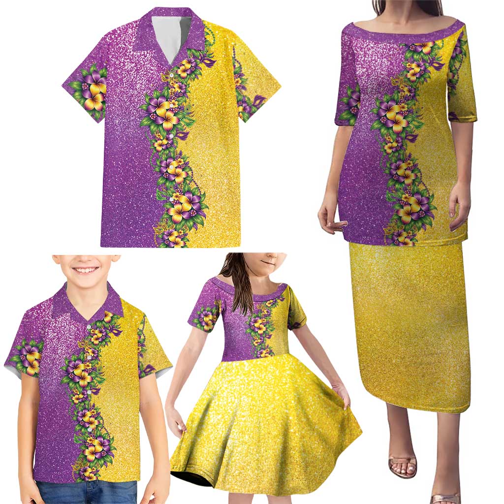 Hawaii Mardi Gras Family Matching Puletasi and Hawaiian Shirt Plumeria Lei Beads Glitter Style LT05 - Polynesian Pride
