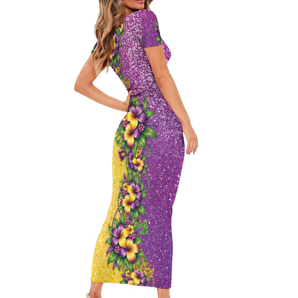 Hawaii Mardi Gras Family Matching Short Sleeve Bodycon Dress and Hawaiian Shirt Plumeria Lei Beads Glitter Style LT05 - Polynesian Pride