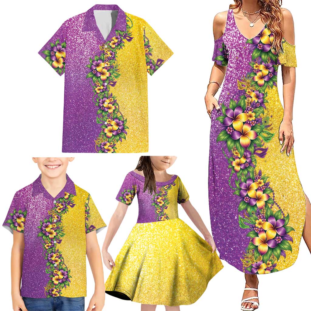 Hawaii Mardi Gras Family Matching Summer Maxi Dress and Hawaiian Shirt Plumeria Lei Beads Glitter Style LT05 - Polynesian Pride