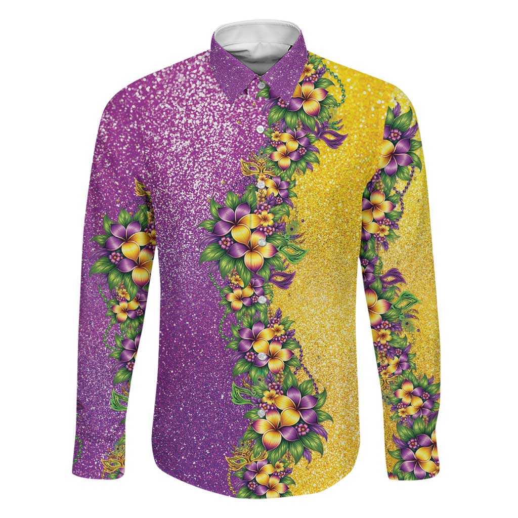 Hawaii Mardi Gras Family Matching Summer Maxi Dress and Hawaiian Shirt Plumeria Lei Beads Glitter Style LT05 Dad's Shirt - Long Sleeve Colorful - Polynesian Pride