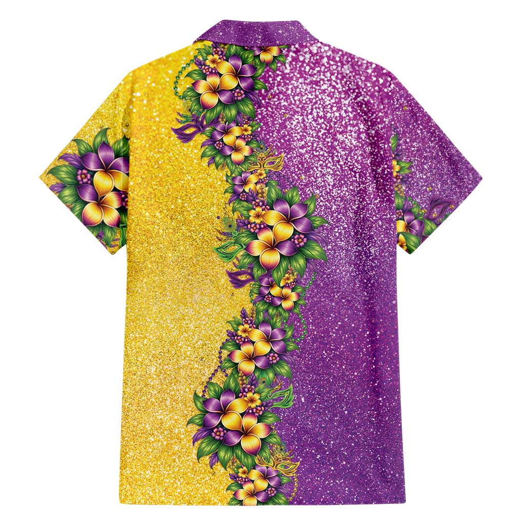 Hawaii Mardi Gras Hawaiian Shirt Plumeria Lei Beads Glitter Style