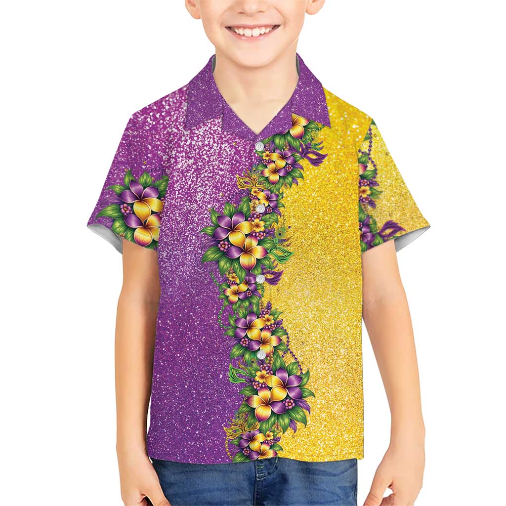 Hawaii Mardi Gras Hawaiian Shirt Plumeria Lei Beads Glitter Style