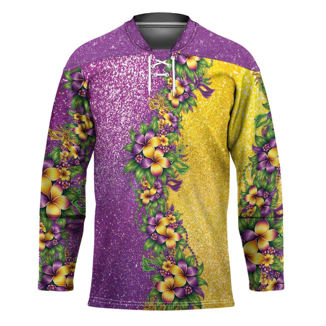 Hawaii Mardi Gras Hockey Jersey Plumeria Lei Beads Glitter Style
