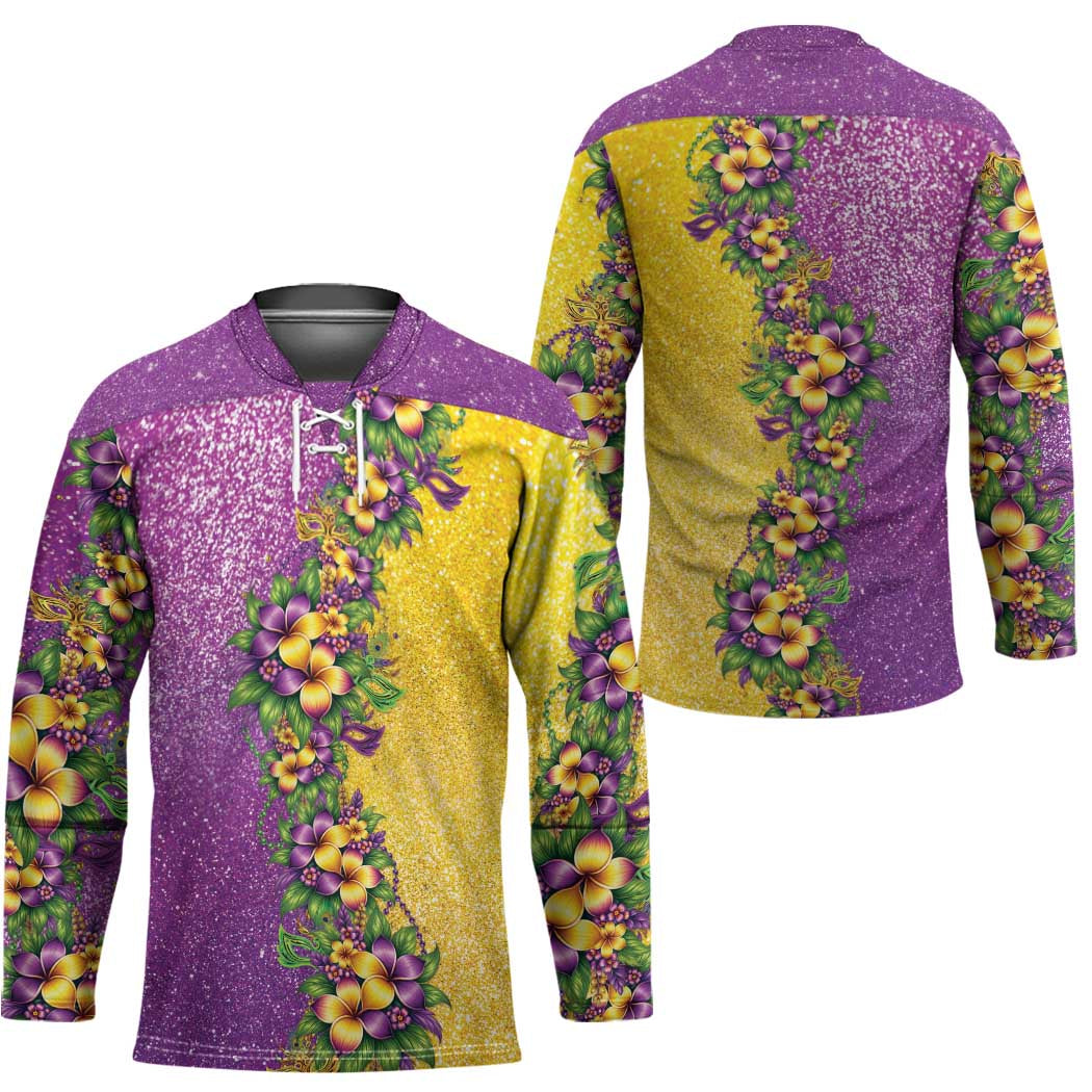 Hawaii Mardi Gras Hockey Jersey Plumeria Lei Beads Glitter Style