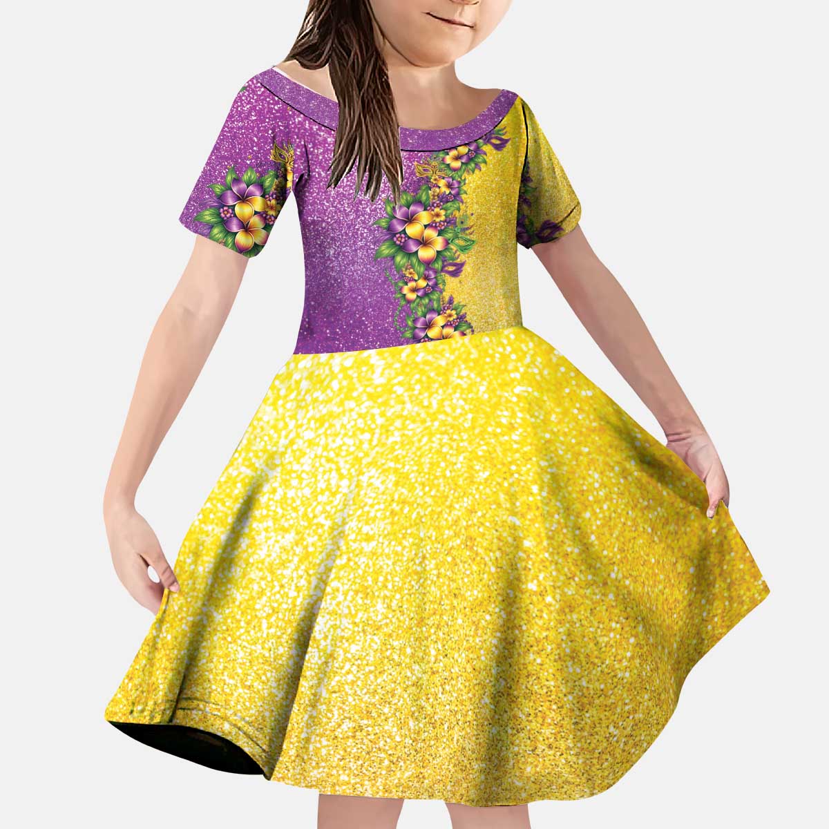 Hawaii Mardi Gras Kid Short Sleeve Dress Plumeria Lei Beads Glitter Style