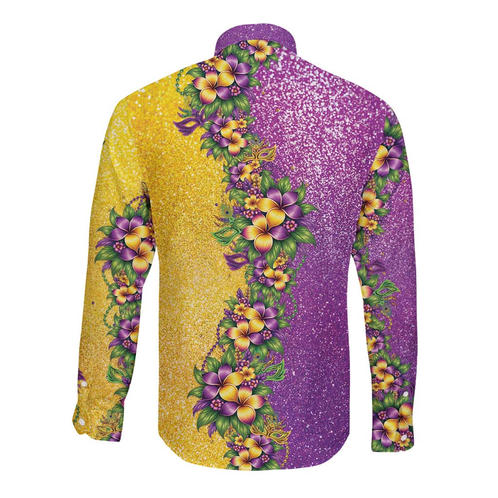 Hawaii Mardi Gras Long Sleeve Button Shirt Plumeria Lei Beads Glitter Style
